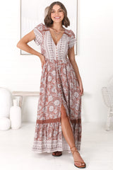 JAASE - Carmen Maxi Dress: Butterfly Cap Sleeve Button Down A Line Dress with Lace Trim in Indah Print