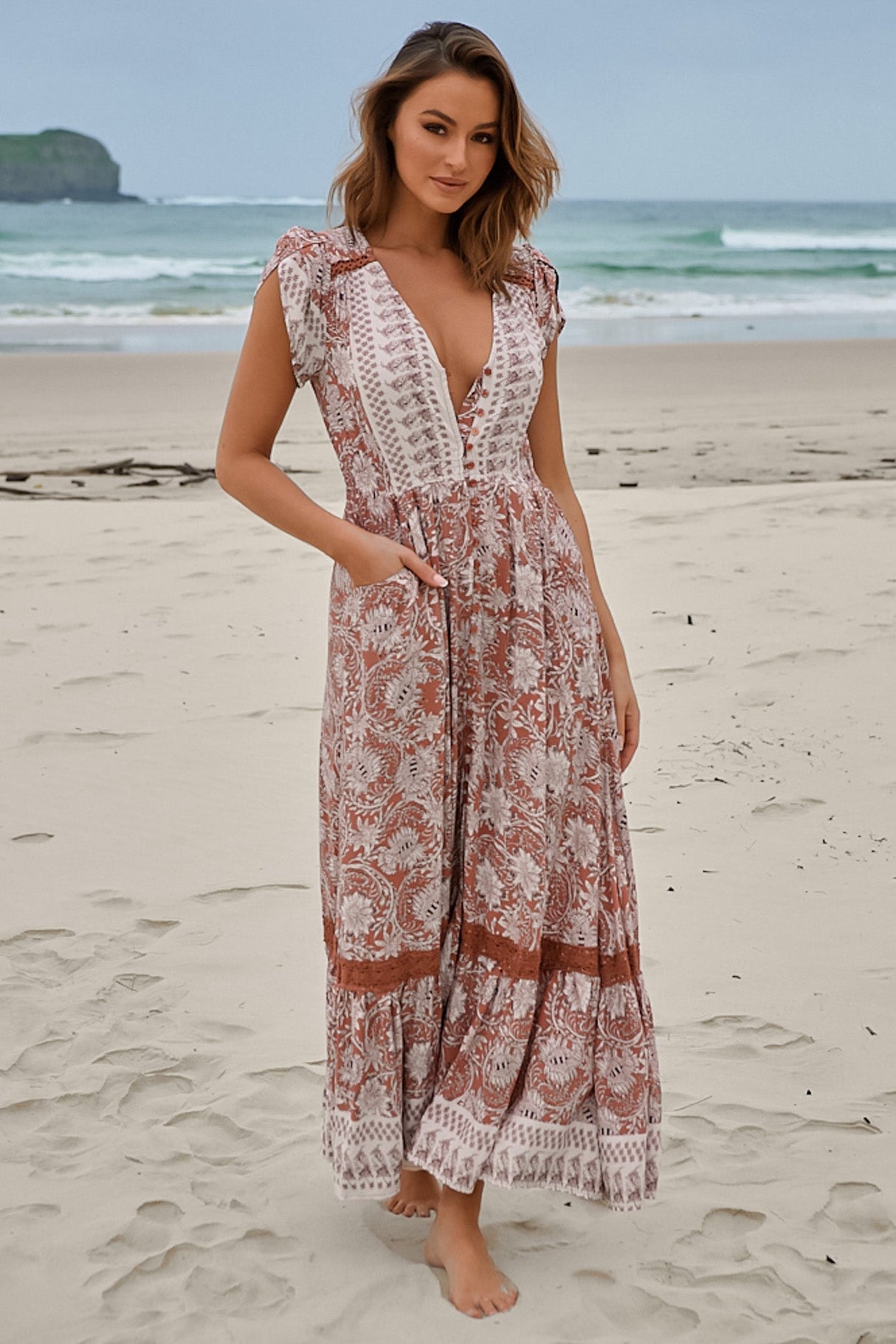 JAASE - Carmen Maxi Dress: Butterfly Cap Sleeve Button Down A Line Dress with Lace Trim in Indah Print
