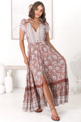 JAASE - Carmen Maxi Dress: Butterfly Cap Sleeve Button Down A Line Dress with Lace Trim in Indah Print