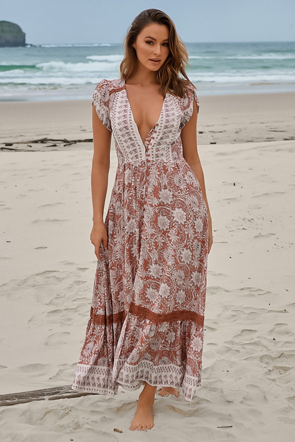 JAASE - Carmen Maxi Dress: Butterfly Cap Sleeve Button Down A Line Dress with Lace Trim in Indah Print