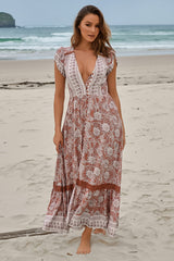 JAASE - Carmen Maxi Dress: Butterfly Cap Sleeve Button Down A Line Dress with Lace Trim in Indah Print