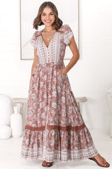 JAASE - Carmen Maxi Dress: Butterfly Cap Sleeve Button Down A Line Dress with Lace Trim in Indah Print