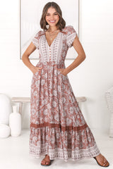 JAASE - Carmen Maxi Dress: Butterfly Cap Sleeve Button Down A Line Dress with Lace Trim in Indah Print