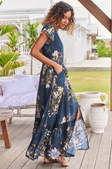 JAASE - Carmen Maxi Dress: Butterfly Cap Sleeve Button Down A Line Dress with Lace Trim in Indigo Print