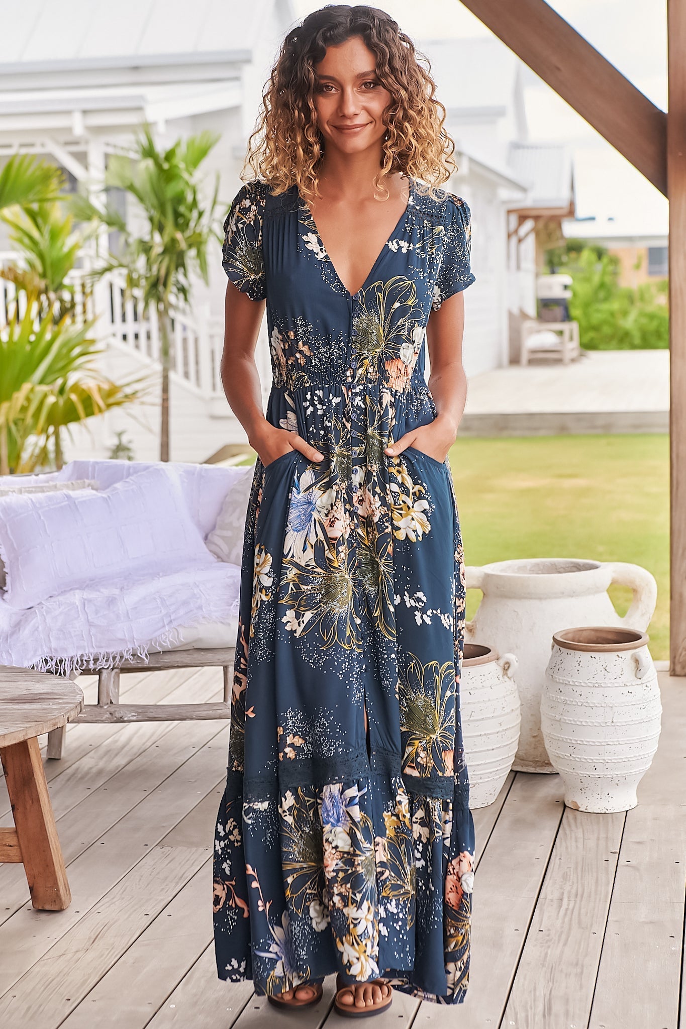 Carmen Maxi Dress Butterfly Cap Sleeve Button Down Line Dress Lace Trim Print