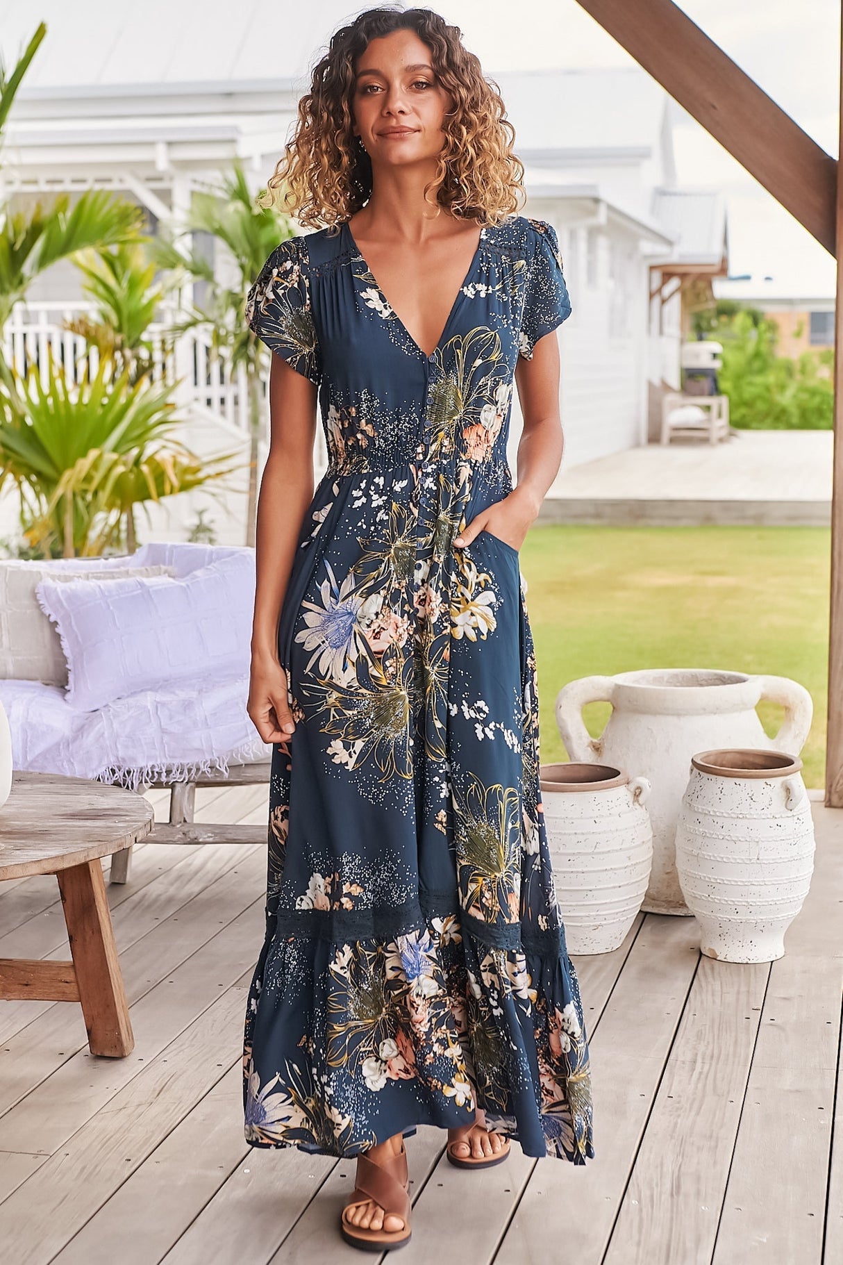 JAASE - Carmen Maxi Dress: Butterfly Cap Sleeve Button Down A Line Dress with Lace Trim in Indigo Print