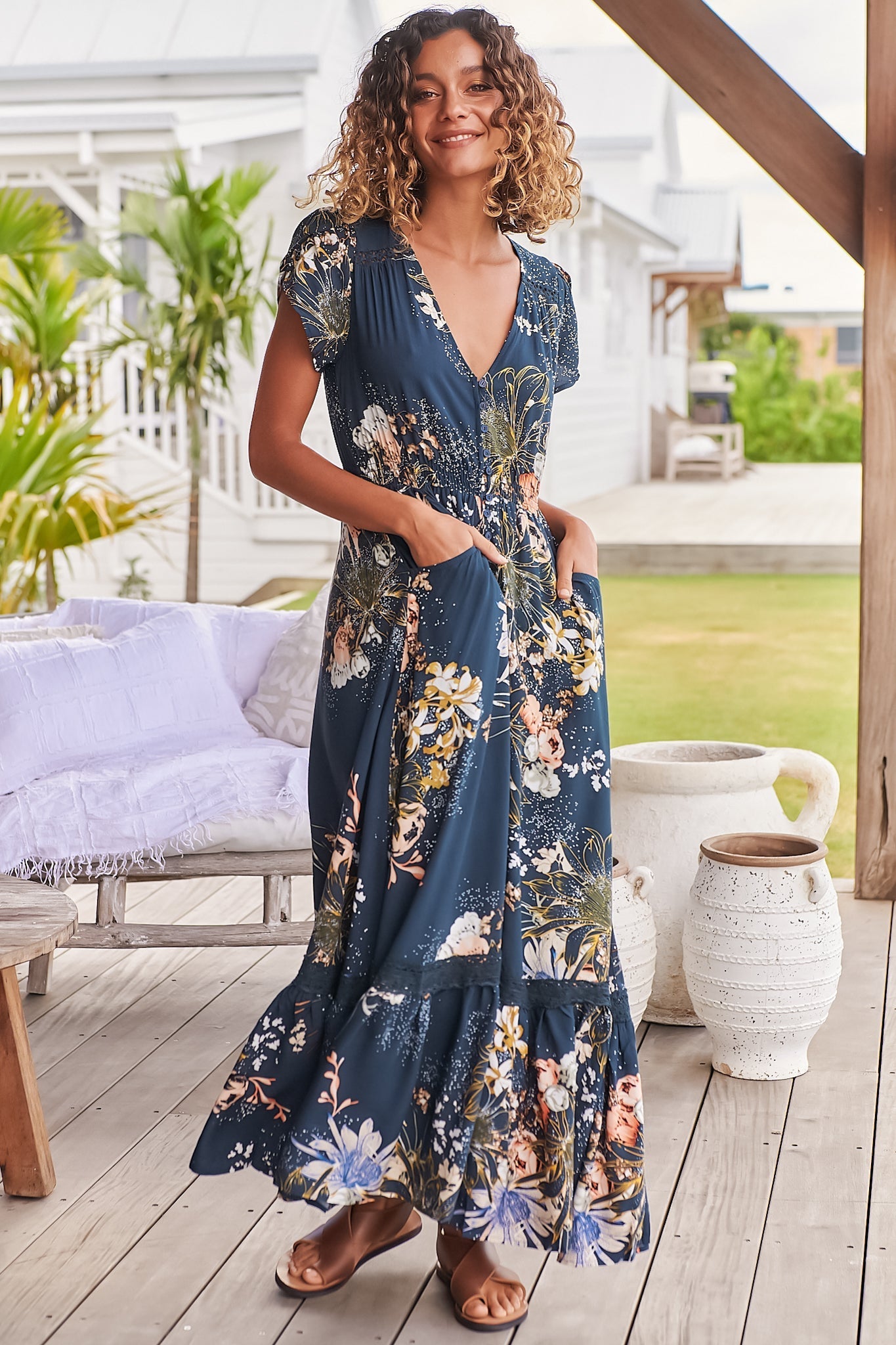 JAASE - Carmen Maxi Dress: Butterfly Cap Sleeve Button Down A Line Dress with Lace Trim in Indigo Print