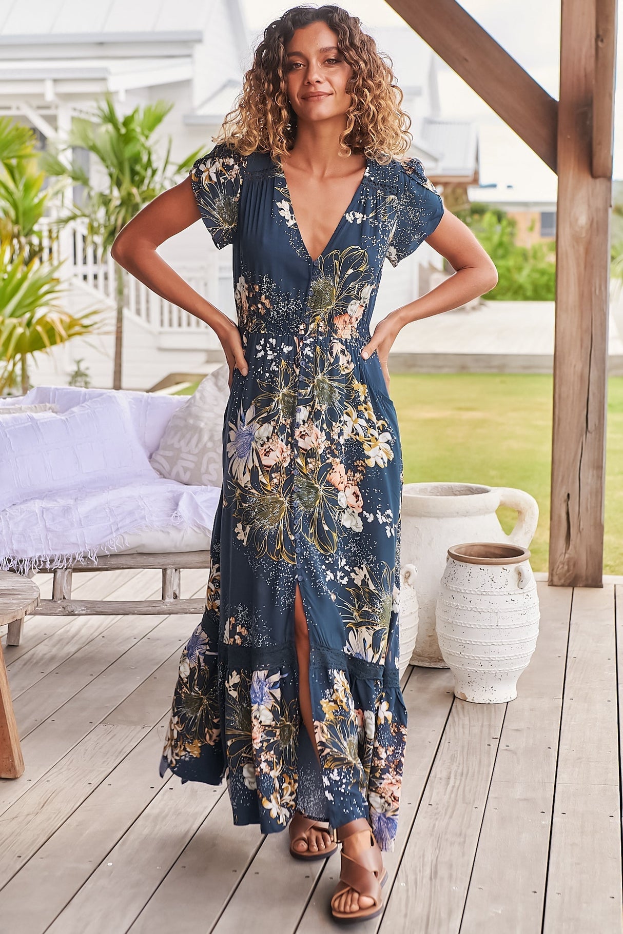 JAASE - Carmen Maxi Dress: Butterfly Cap Sleeve Button Down A Line Dress with Lace Trim in Indigo Print