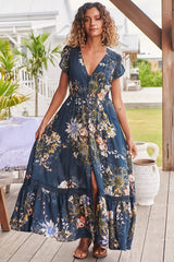 JAASE - Carmen Maxi Dress: Butterfly Cap Sleeve Button Down A Line Dress with Lace Trim in Indigo Print