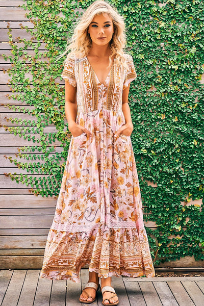 Carmen - Peach Dahlia Maxi Dress