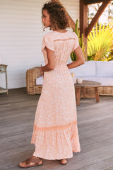 JAASE - Carmen Maxi Dress: Butterfly Cap Sleeve Button Down A Line Dress with Lace Trim in Peach Island Print