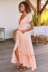 JAASE - Carmen Maxi Dress: Butterfly Cap Sleeve Button Down A Line Dress with Lace Trim in Peach Island Print