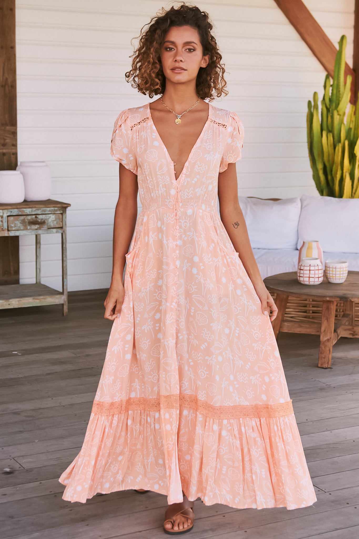 Carmen Maxi Dress Butterfly Cap Sleeve Button Down Line Dress Lace Trim Island Print