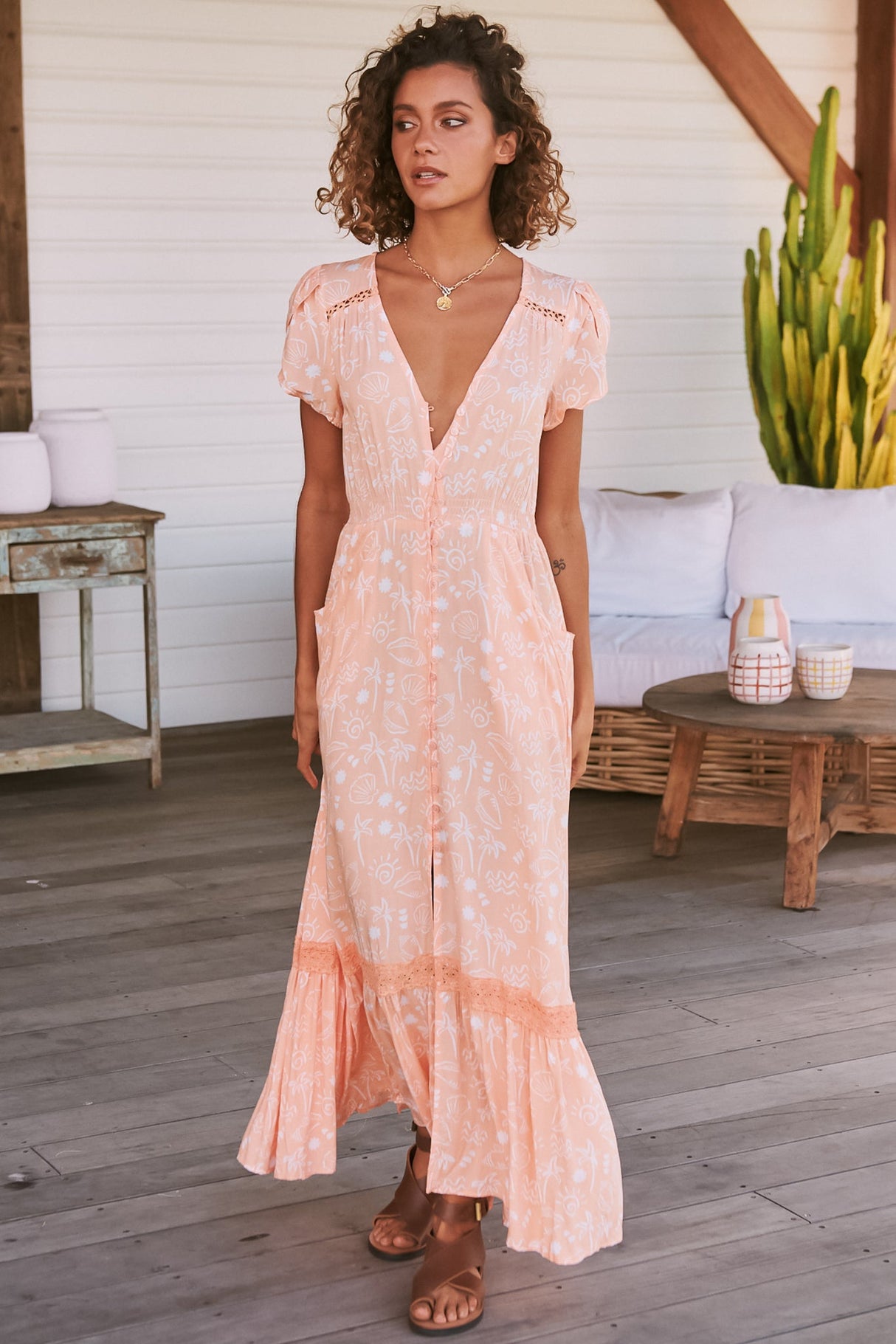 JAASE - Carmen Maxi Dress: Butterfly Cap Sleeve Button Down A Line Dress with Lace Trim in Peach Island Print