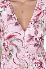 JAASE - Carmen Maxi Dress: Butterfly Cap Sleeve Button Down A Line Dress with Lace Trim in Pink Lotus Print