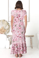 JAASE - Carmen Maxi Dress: Butterfly Cap Sleeve Button Down A Line Dress with Lace Trim in Pink Lotus Print