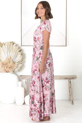 JAASE - Carmen Maxi Dress: Butterfly Cap Sleeve Button Down A Line Dress with Lace Trim in Pink Lotus Print