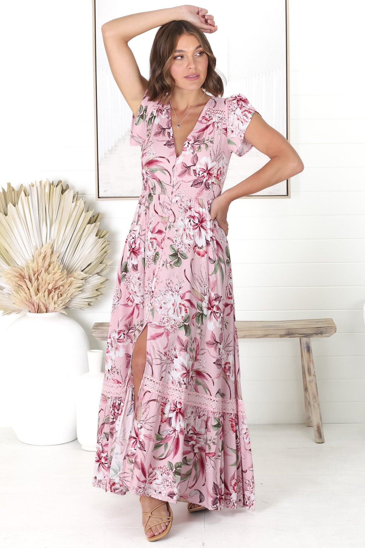 JAASE - Carmen Maxi Dress: Butterfly Cap Sleeve Button Down A Line Dress with Lace Trim in Pink Lotus Print