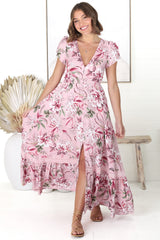 JAASE - Carmen Maxi Dress: Butterfly Cap Sleeve Button Down A Line Dress with Lace Trim in Pink Lotus Print