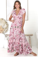 JAASE - Carmen Maxi Dress: Butterfly Cap Sleeve Button Down A Line Dress with Lace Trim in Pink Lotus Print