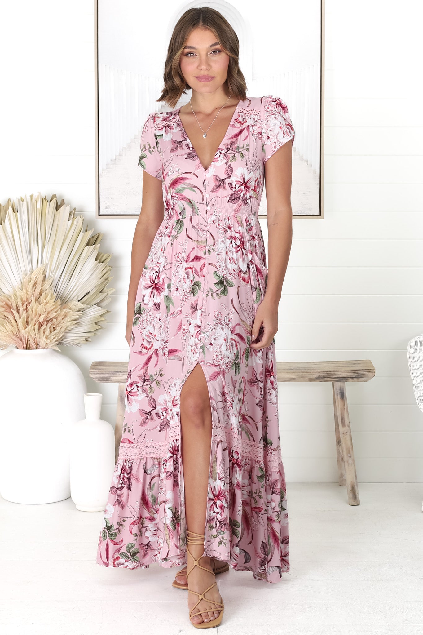 JAASE - Carmen Maxi Dress: Butterfly Cap Sleeve Button Down A Line Dress with Lace Trim in Pink Lotus Print