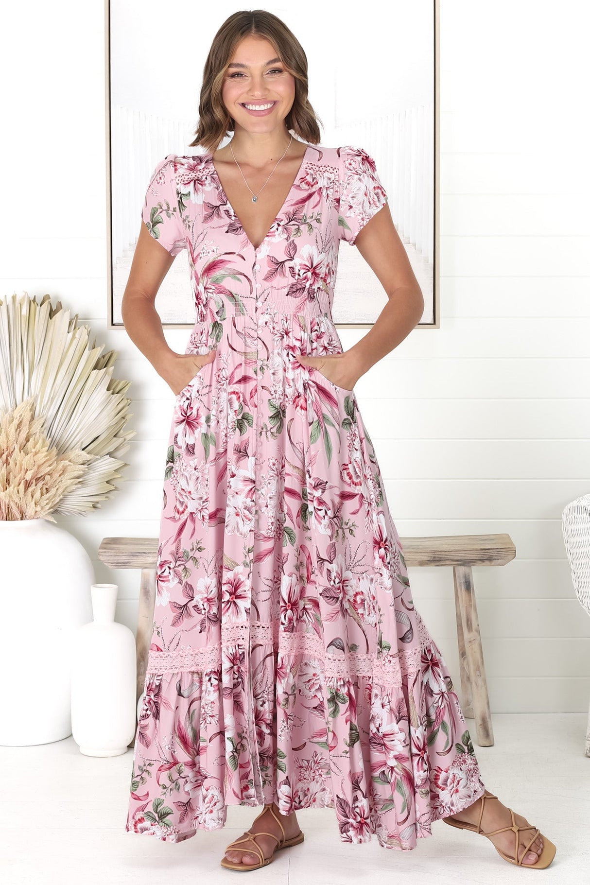 JAASE - Carmen Maxi Dress: Butterfly Cap Sleeve Button Down A Line Dress with Lace Trim in Pink Lotus Print