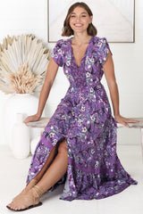 JAASE - Carmen Maxi Dress: Butterfly Cap Sleeve Button Down A Line Dress with Lace Trim in Rhodium Print