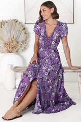 JAASE - Carmen Maxi Dress: Butterfly Cap Sleeve Button Down A Line Dress with Lace Trim in Rhodium Print