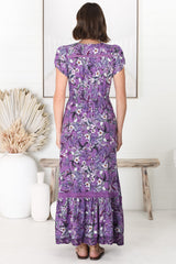 JAASE - Carmen Maxi Dress: Butterfly Cap Sleeve Button Down A Line Dress with Lace Trim in Rhodium Print