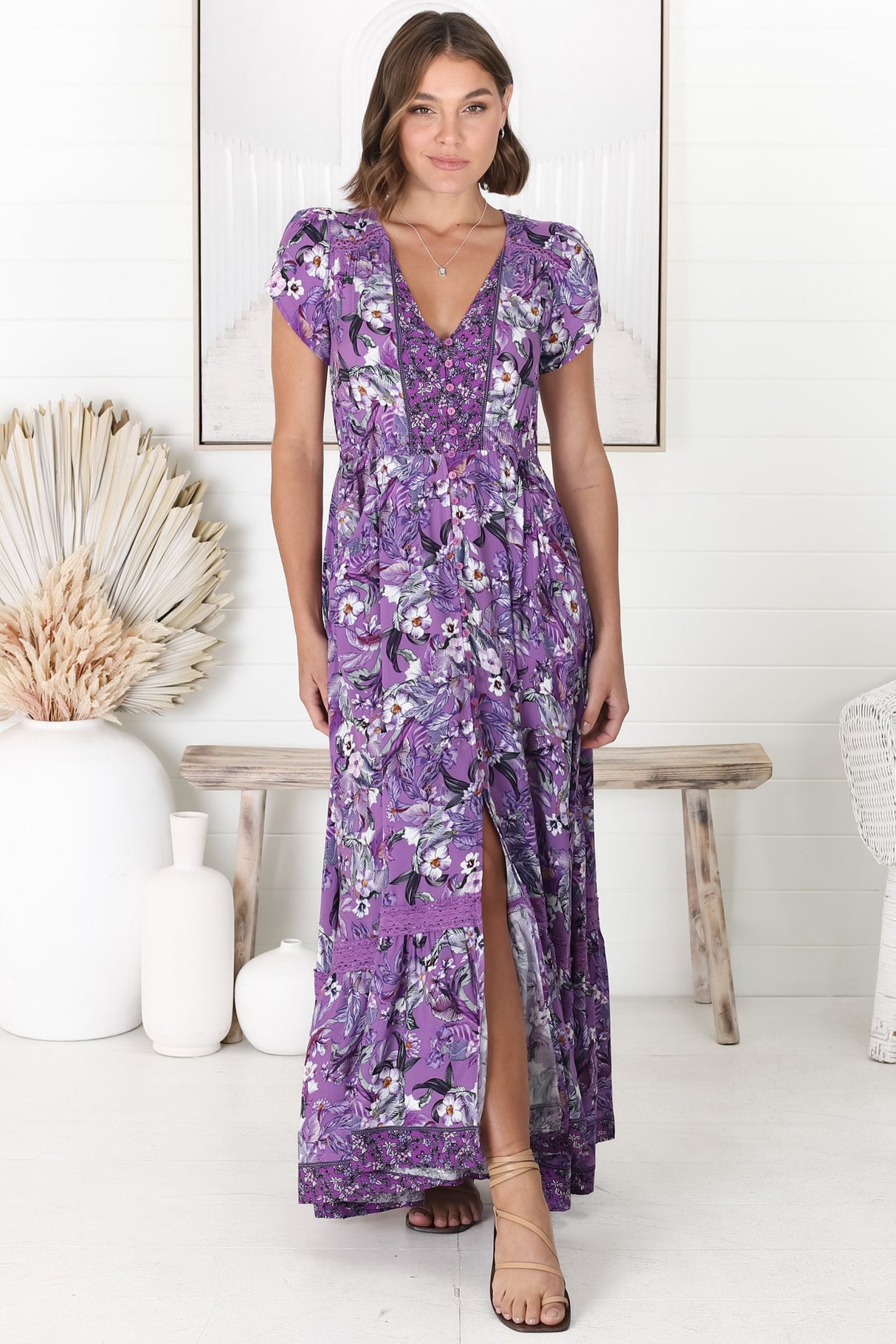 JAASE - Carmen Maxi Dress: Butterfly Cap Sleeve Button Down A Line Dress with Lace Trim in Rhodium Print