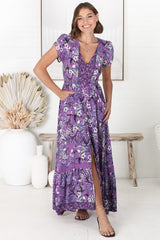 JAASE - Carmen Maxi Dress: Butterfly Cap Sleeve Button Down A Line Dress with Lace Trim in Rhodium Print