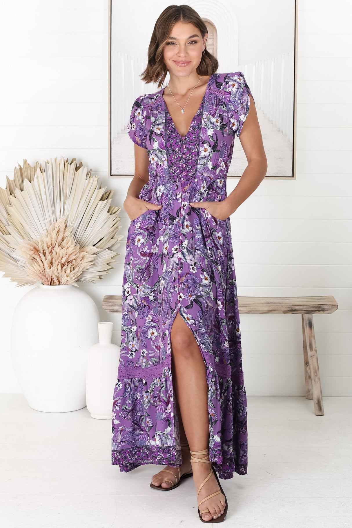 JAASE - Carmen Maxi Dress: Butterfly Cap Sleeve Button Down A Line Dress with Lace Trim in Rhodium Print