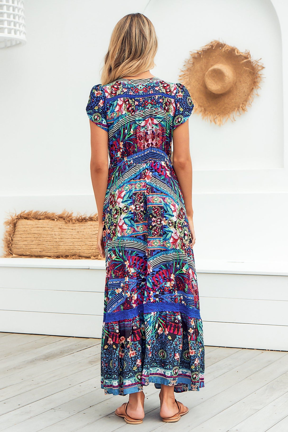 JAASE - Carmen Maxi Dress: Butterfly Cap Sleeve Button Down A Line Dress with Lace Trim in Rocco Print