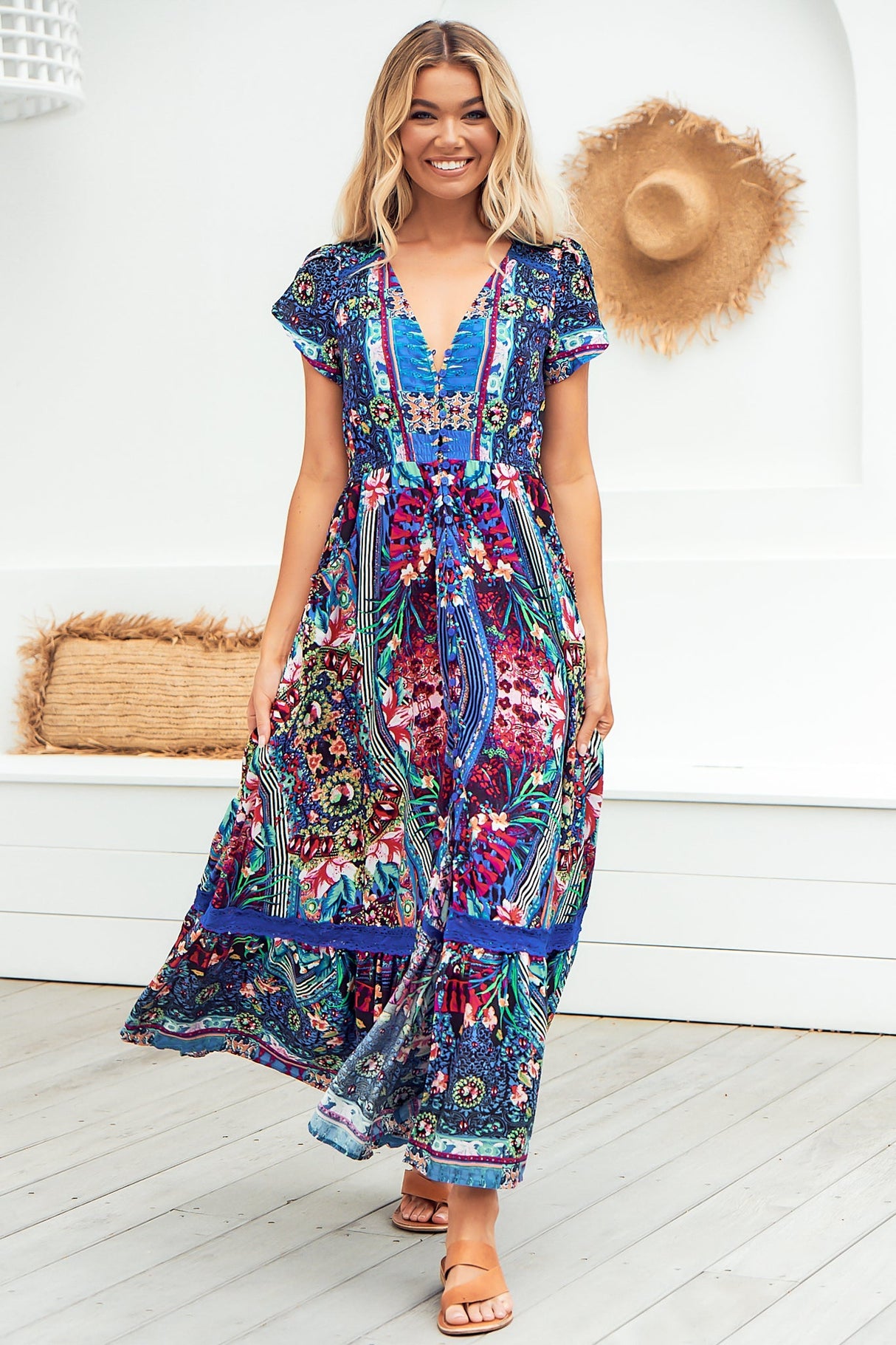 JAASE - Carmen Maxi Dress: Butterfly Cap Sleeve Button Down A Line Dress with Lace Trim in Rocco Print