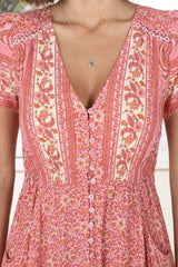 JAASE - Carmen Maxi Dress: Butterfly Cap Sleeve Button Down A Line Dress with Lace Trim in Strawberries and Cream Print