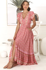 JAASE - Carmen Maxi Dress: Butterfly Cap Sleeve Button Down A Line Dress with Lace Trim in Strawberries and Cream Print