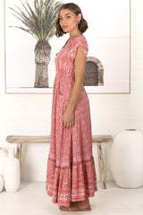 JAASE - Carmen Maxi Dress: Butterfly Cap Sleeve Button Down A Line Dress with Lace Trim in Strawberries and Cream Print