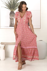 JAASE - Carmen Maxi Dress: Butterfly Cap Sleeve Button Down A Line Dress with Lace Trim in Strawberries and Cream Print