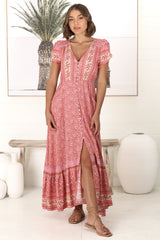 JAASE - Carmen Maxi Dress: Butterfly Cap Sleeve Button Down A Line Dress with Lace Trim in Strawberries and Cream Print