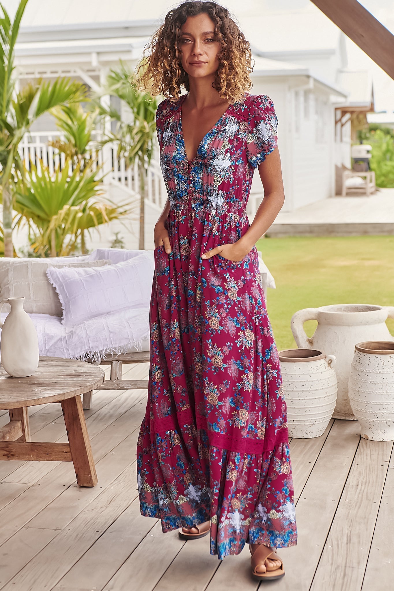 JAASE - Carmen Maxi Dress: Butterfly Cap Sleeve Button Down A Line Dress with Lace Trim in Strawberry Kiss Print