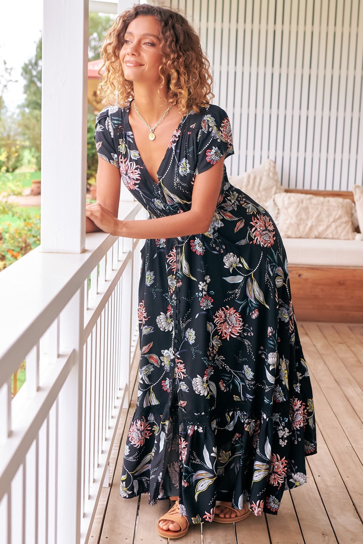 JAASE - Carmen Maxi Dress: Butterfly Cap Sleeve Button Down A Line Dress with Lace Trim in Under the Stars Print