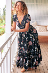 JAASE - Carmen Maxi Dress: Butterfly Cap Sleeve Button Down A Line Dress with Lace Trim in Under the Stars Print