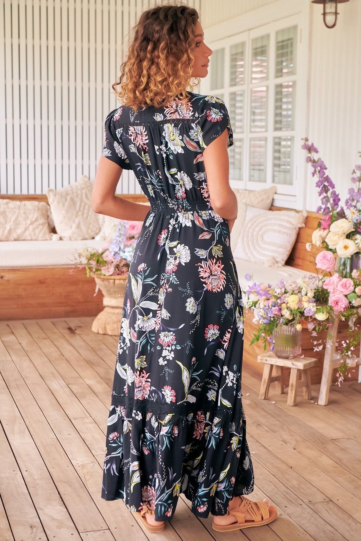 JAASE - Carmen Maxi Dress: Butterfly Cap Sleeve Button Down A Line Dress with Lace Trim in Under the Stars Print
