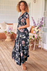 JAASE - Carmen Maxi Dress: Butterfly Cap Sleeve Button Down A Line Dress with Lace Trim in Under the Stars Print