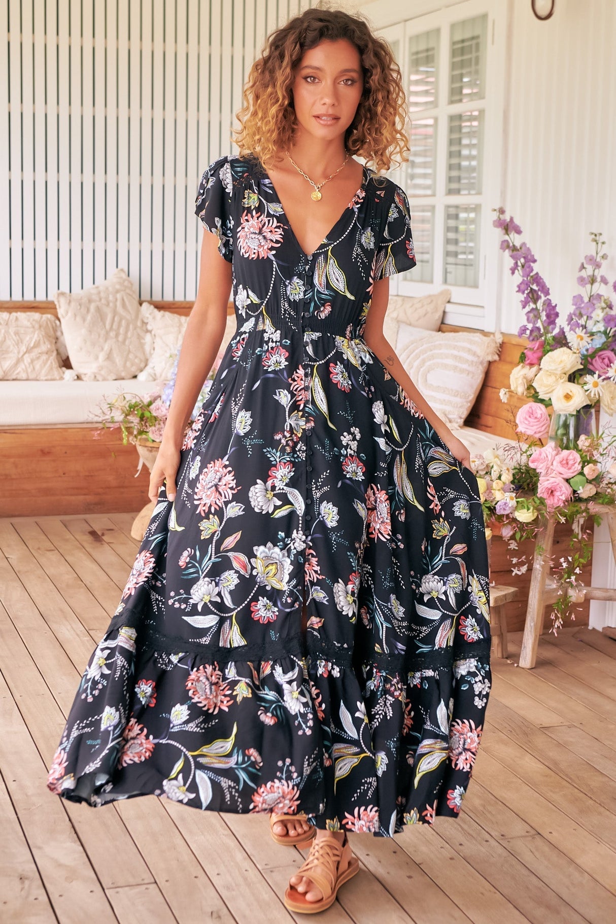 JAASE - Carmen Maxi Dress: Butterfly Cap Sleeve Button Down A Line Dress with Lace Trim in Under the Stars Print