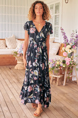 JAASE - Carmen Maxi Dress: Butterfly Cap Sleeve Button Down A Line Dress with Lace Trim in Under the Stars Print