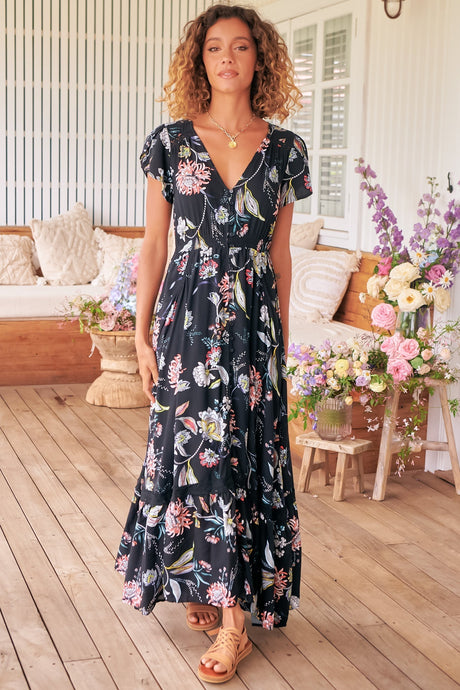 JAASE - Carmen Maxi Dress: Butterfly Cap Sleeve Button Down A Line Dress with Lace Trim in Under the Stars Print