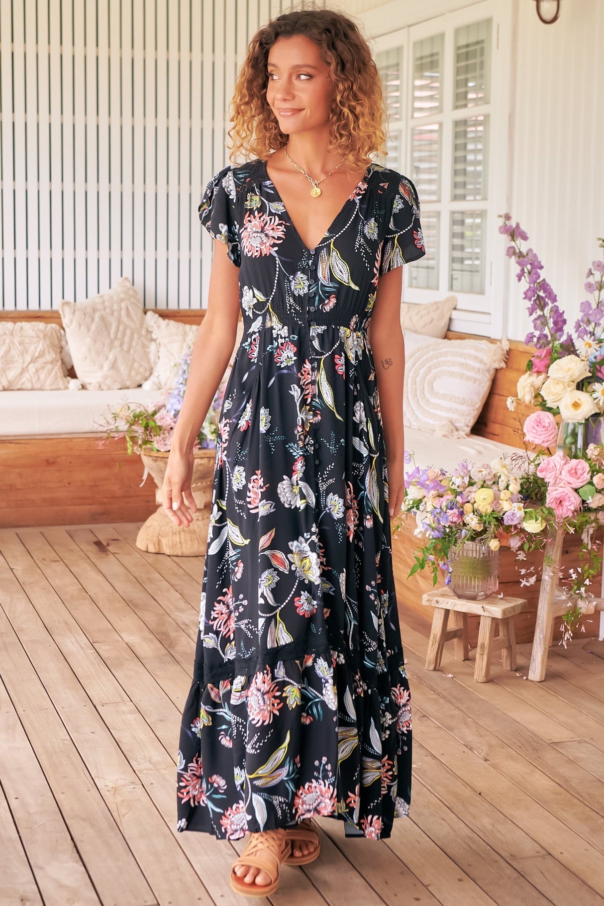 JAASE - Carmen Maxi Dress: Butterfly Cap Sleeve Button Down A Line Dress with Lace Trim in Under the Stars Print