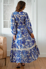 JAASE - Carmen Long Sleeve Maxi Dress: Button Down A Line Dress with Lace Trim in Indigo Bloom Print