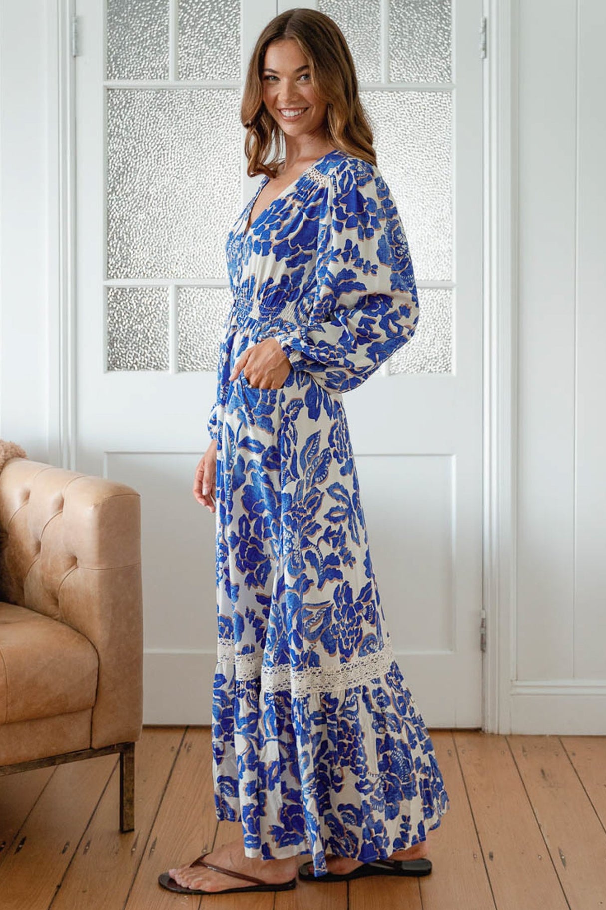 JAASE - Carmen Long Sleeve Maxi Dress: Button Down A Line Dress with Lace Trim in Indigo Bloom Print